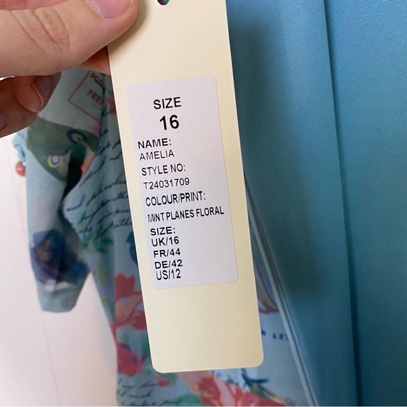 NWT Lindy Bop Retro Amelia Dress Mint Planes Floral Size US 12 Love Letters Blue - Picture 16 of 16